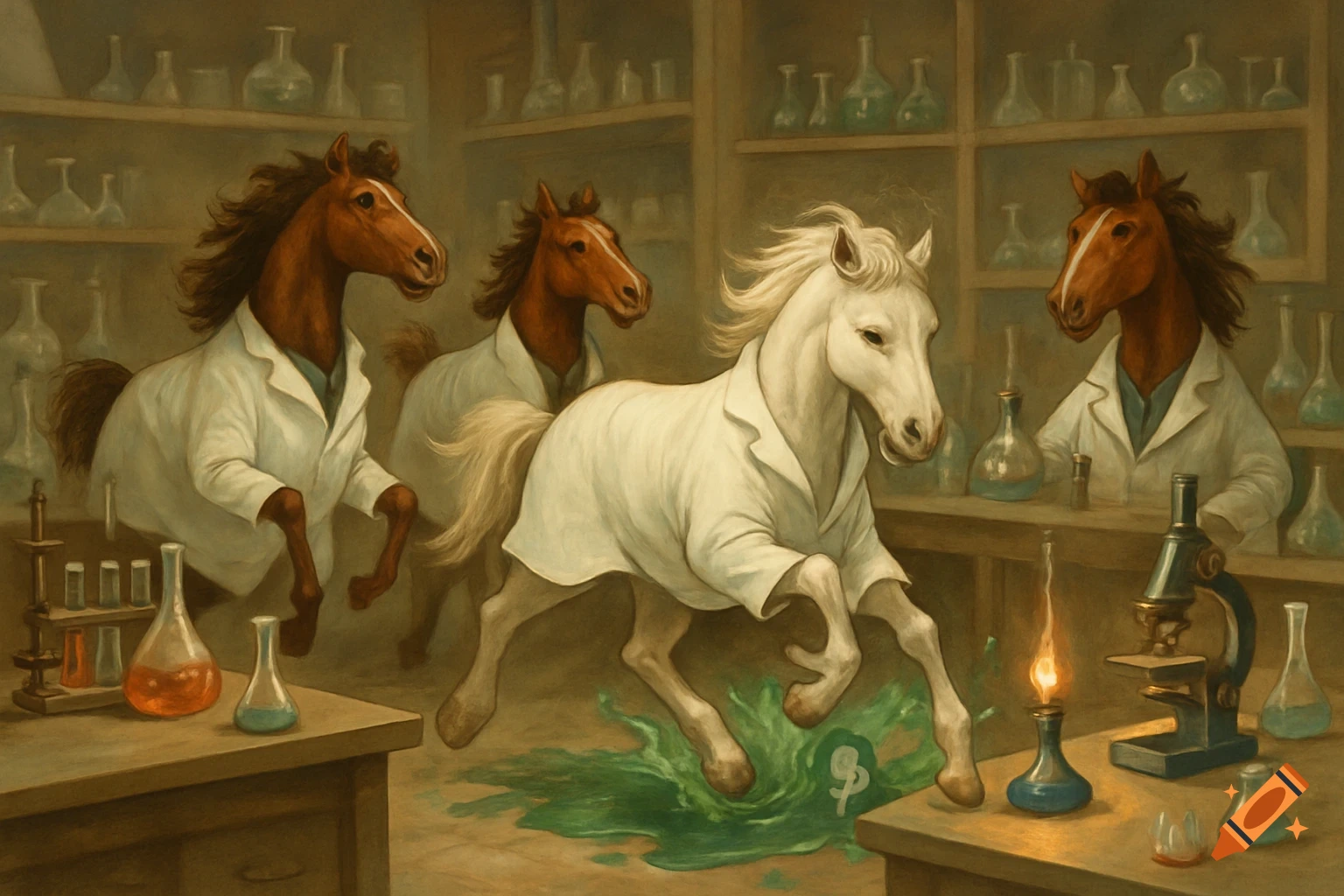 A white horse and brown horses wearing lab coats run through a science laboratory with overturned beakers and spilled green liquid with a dollar sign on the floor.