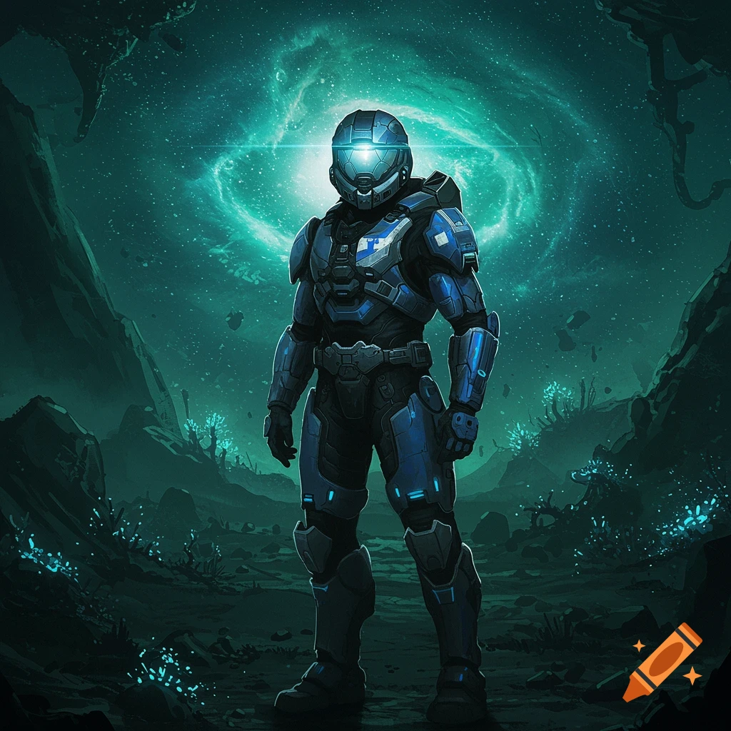 A futuristic blue armored soldier stands on an alien planet with glowing turquoise plants under a swirling galaxy.