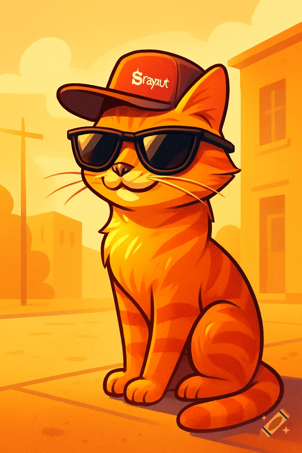 A cartoon orange tabby cat wearing sunglasses and a backward baseball cap, sitting in a warm-toned city street.