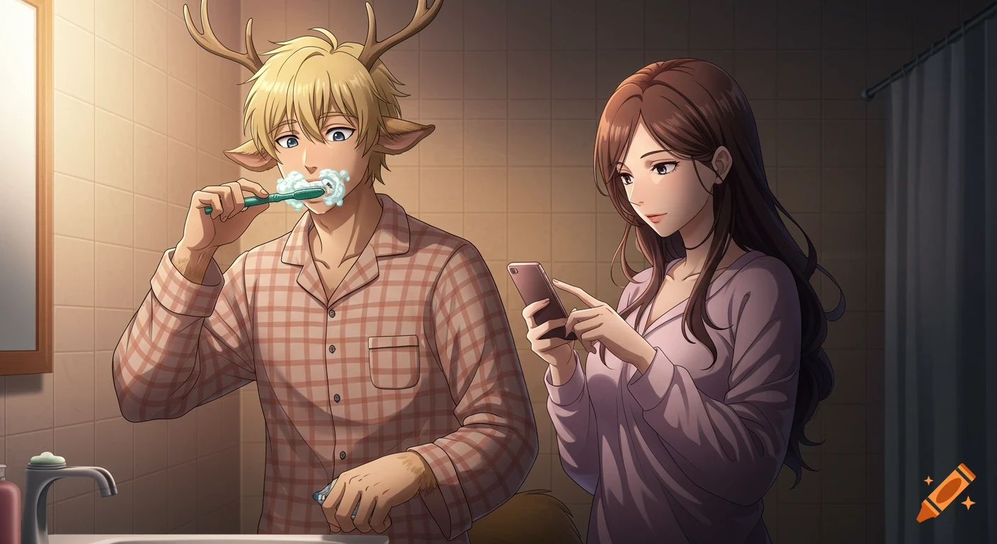 An anime-style image of a blond satyr man in plaid pajamas brushing his teeth next to his brunette girlfriend looking at her phone in a bathroom.
