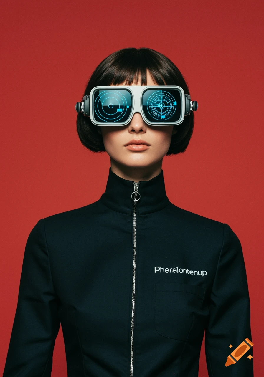 Retro-futuristic portrait of a woman wearing tech goggles with blue displays and a black jacket against a red background.