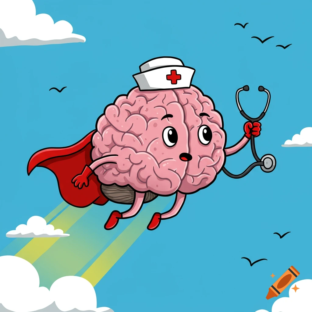 A cartoon brain wearing a nurse cap and superhero cape flies with a stethoscope.
