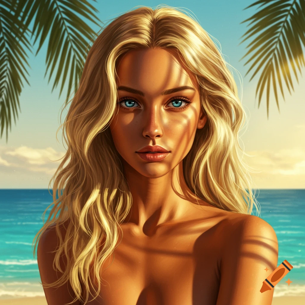 A close-up portrait of a beautiful blonde woman with blue eyes and tan skin, standing on a beach with palm leaves overhead.