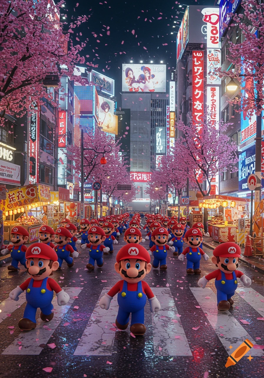 A crowd of Mario characters walks across a crosswalk on a busy Tokyo street at night, with pink cherry blossom petals falling and neon signs illuminating the buildings.