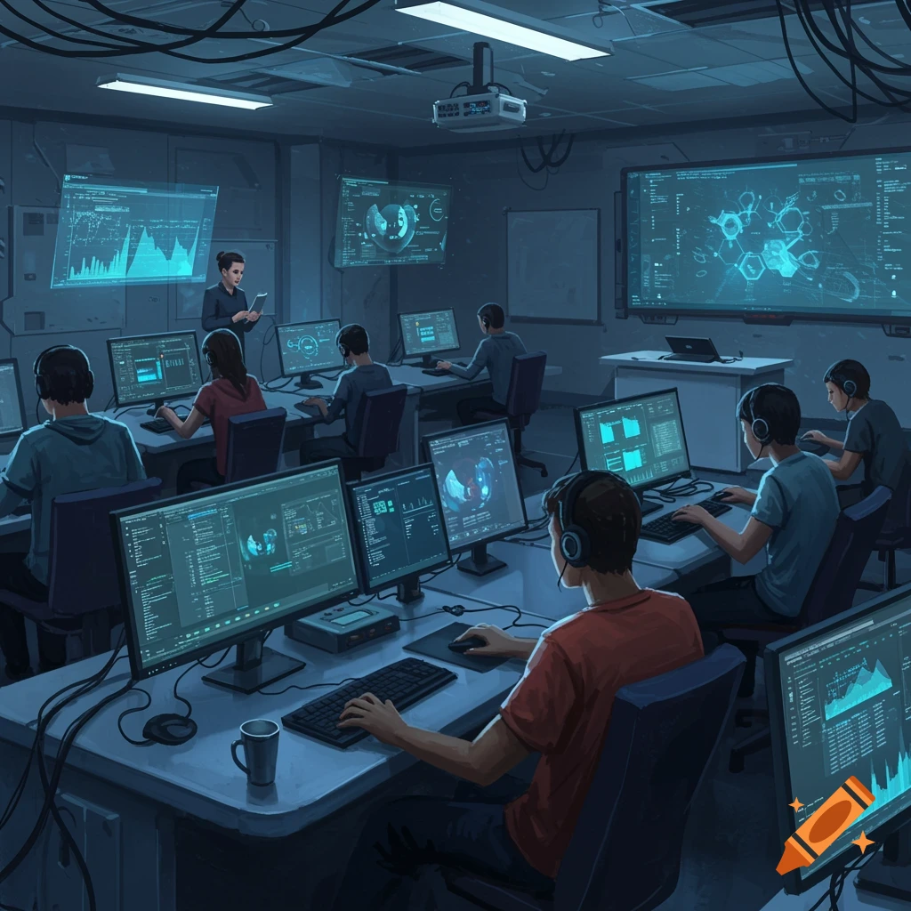 An illustration of people working at computers in a dimly lit, futuristic-looking computer lab with large data screens.