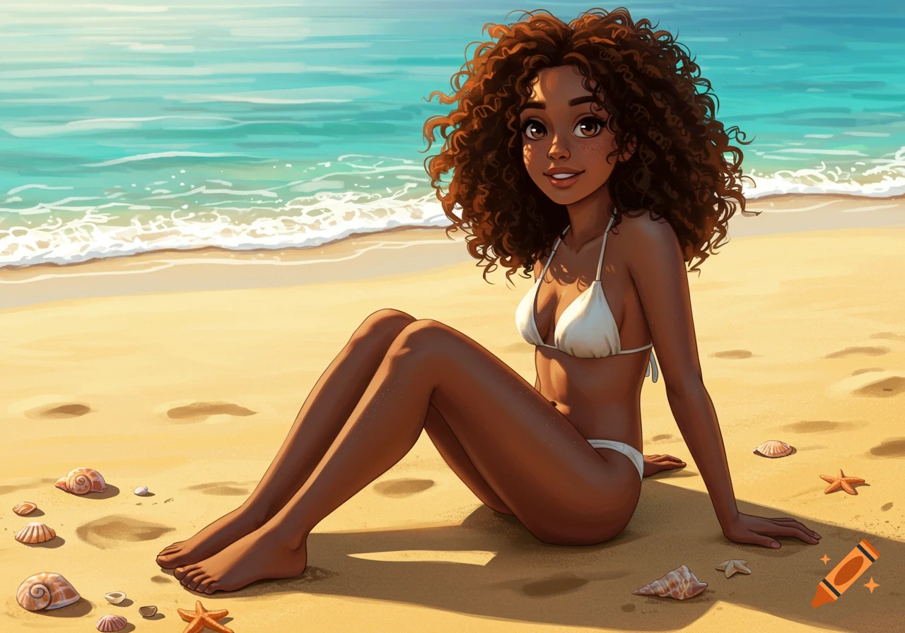 Illustration of a smiling dark-skinned woman with curly brown hair in a white bikini, sitting on a sandy beach by the ocean.