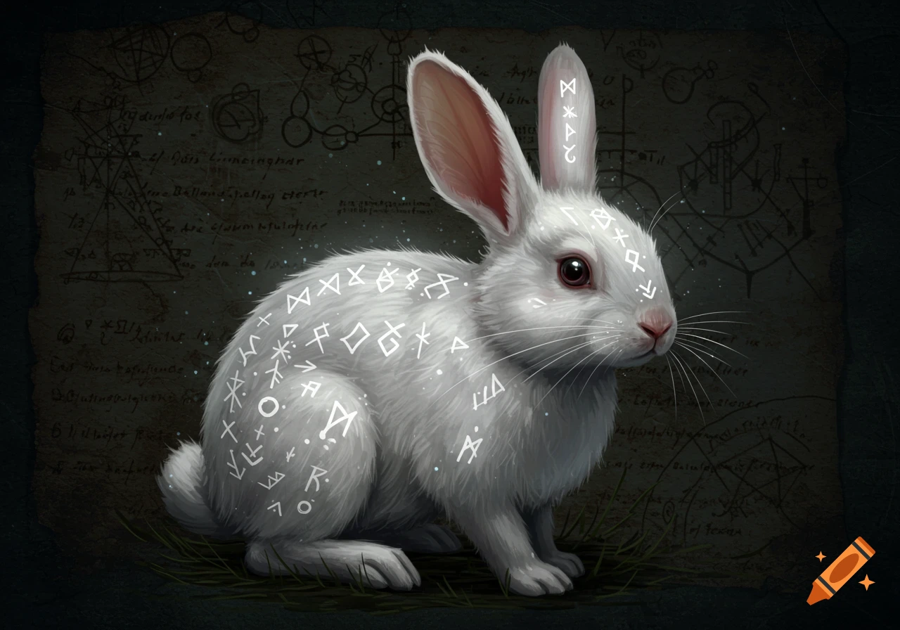 A white rabbit covered in glowing runic symbols sits against a dark, arcane background.