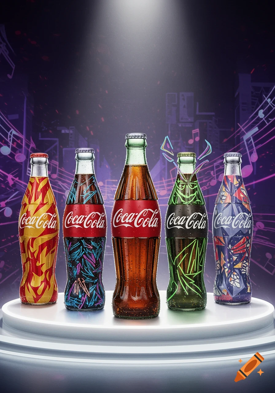 Five diverse Coca-Cola bottles with unique artistic designs on a white display, against a dark, music-themed background with glowing lines.