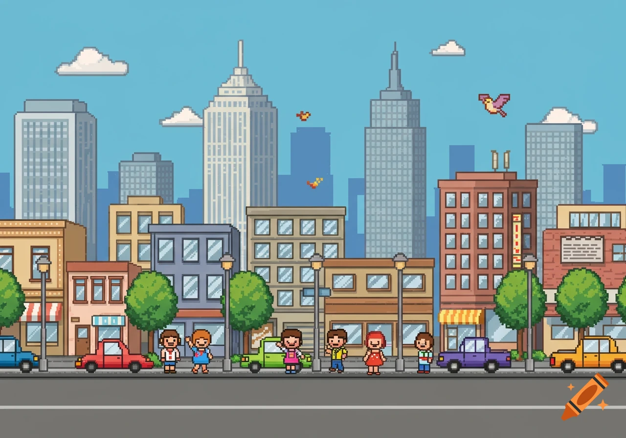 A colorful pixel art illustration of a city street with various buildings, cars, and people waving on the sidewalk, under a blue sky with clouds.
