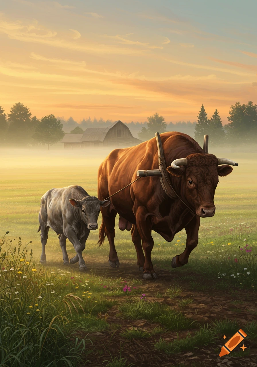 A large brown bull with a yoke is connected by rope to a smaller grey bull, walking through a misty farm field at sunrise.