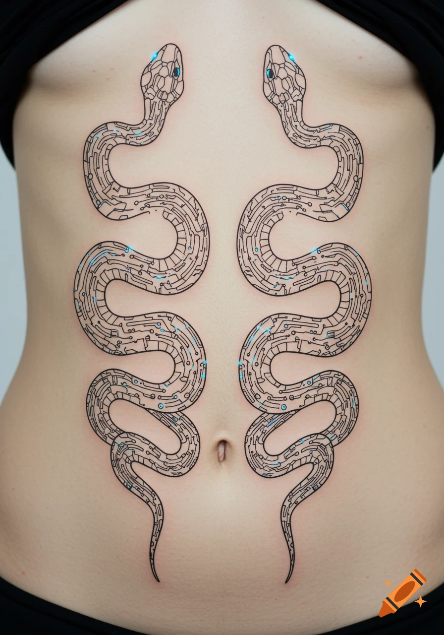 Two mirror-symmetric slender snakes with black circuit-like patterns and glowing blue nodes tattooed on a person's abdomen.