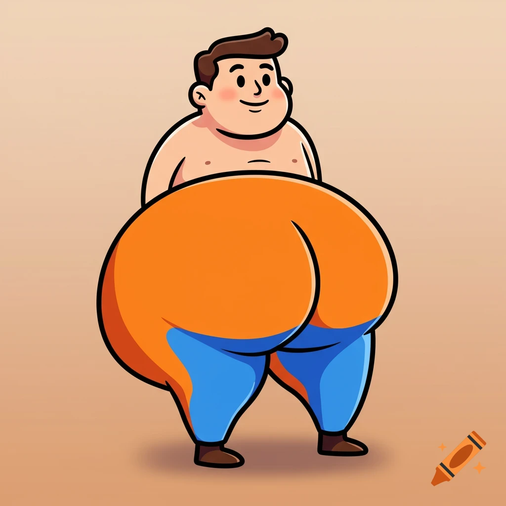 A cartoon man with a large, round bottom wearing orange and blue pants, in an emoji style.