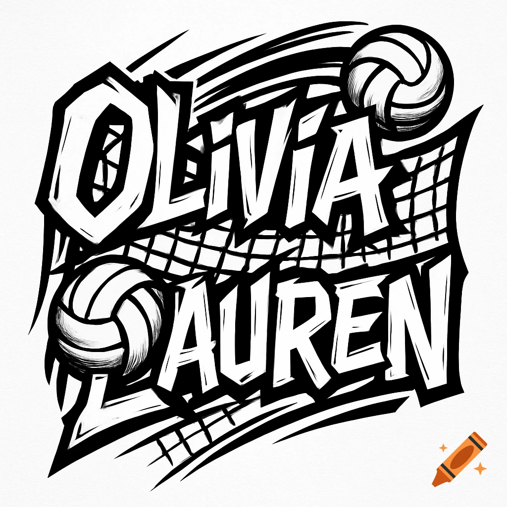 Black and white graphic design featuring the names 'Olivia' and 'Lauren' in a bold, stylized font with volleyballs and a net.