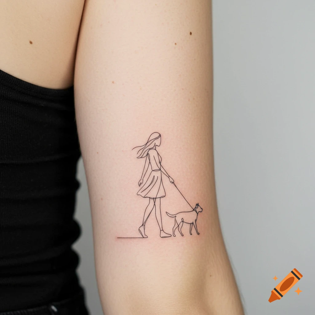 Minimalist black line art tattoo on an arm showing a woman walking a dog.