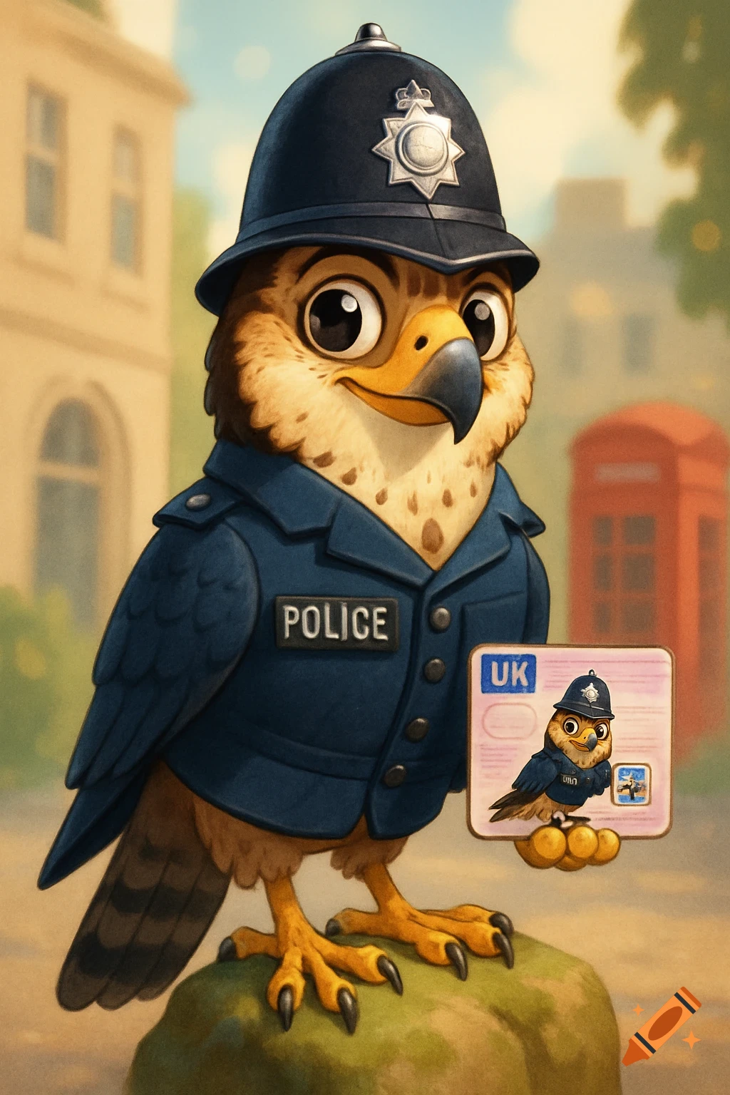A cute cartoon falcon wearing a blue police uniform and helmet, holding a UK driver's license, standing on a rock with a building and red telephone booth in the background.