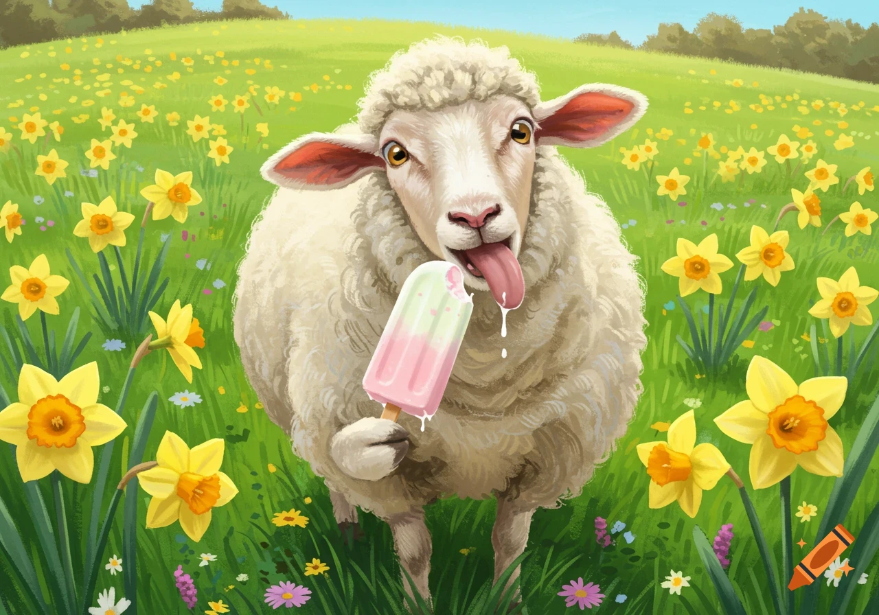 A goofy cartoon sheep with its tongue out licks a pink and white popsicle in a vibrant field of yellow daffodils.
