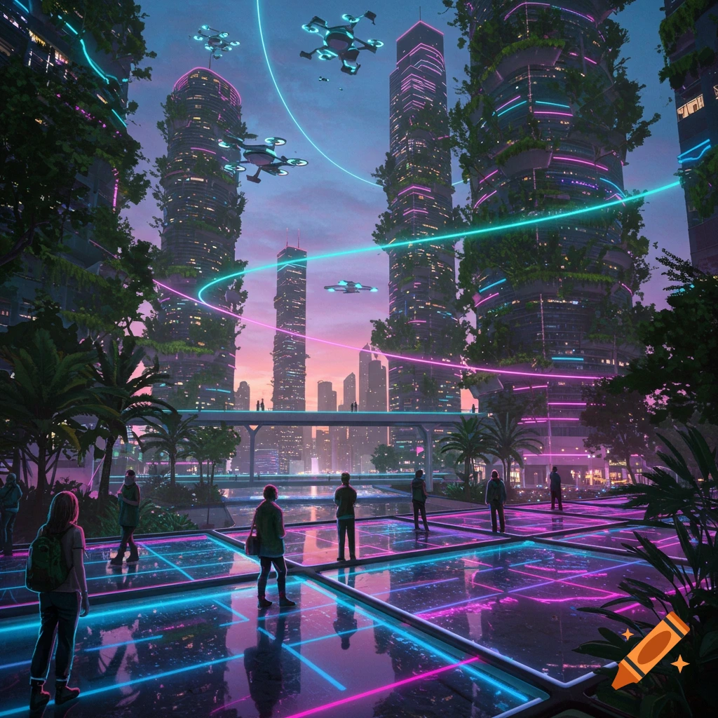 A vibrant solarpunk city at dusk, with towering green buildings and glowing neon pink and blue lights reflecting on wet ground, featuring flying drones and people.