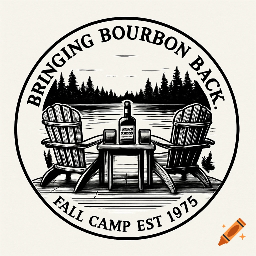A circular black and white logo featuring two Adirondack chairs, a table, a bourbon bottle, and two glasses on a dock by a forested lake. Text around the circle reads 'Bringing Bourbon Back. Fall Camp Est 1975'.