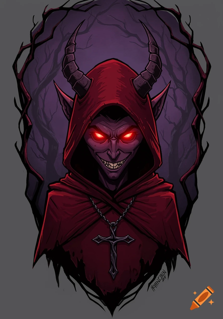A cartoon illustration of a devilish character in a red hooded cloak with horns, glowing red eyes, and an upside-down cross necklace, against a dark, gnarled tree background.