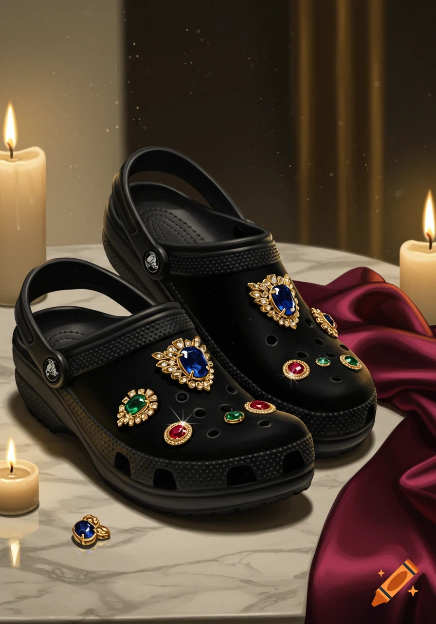 Black Crocs adorned with ornate gold and jewel-encrusted charms, set on a marble surface with candles and a red silk cloth.
