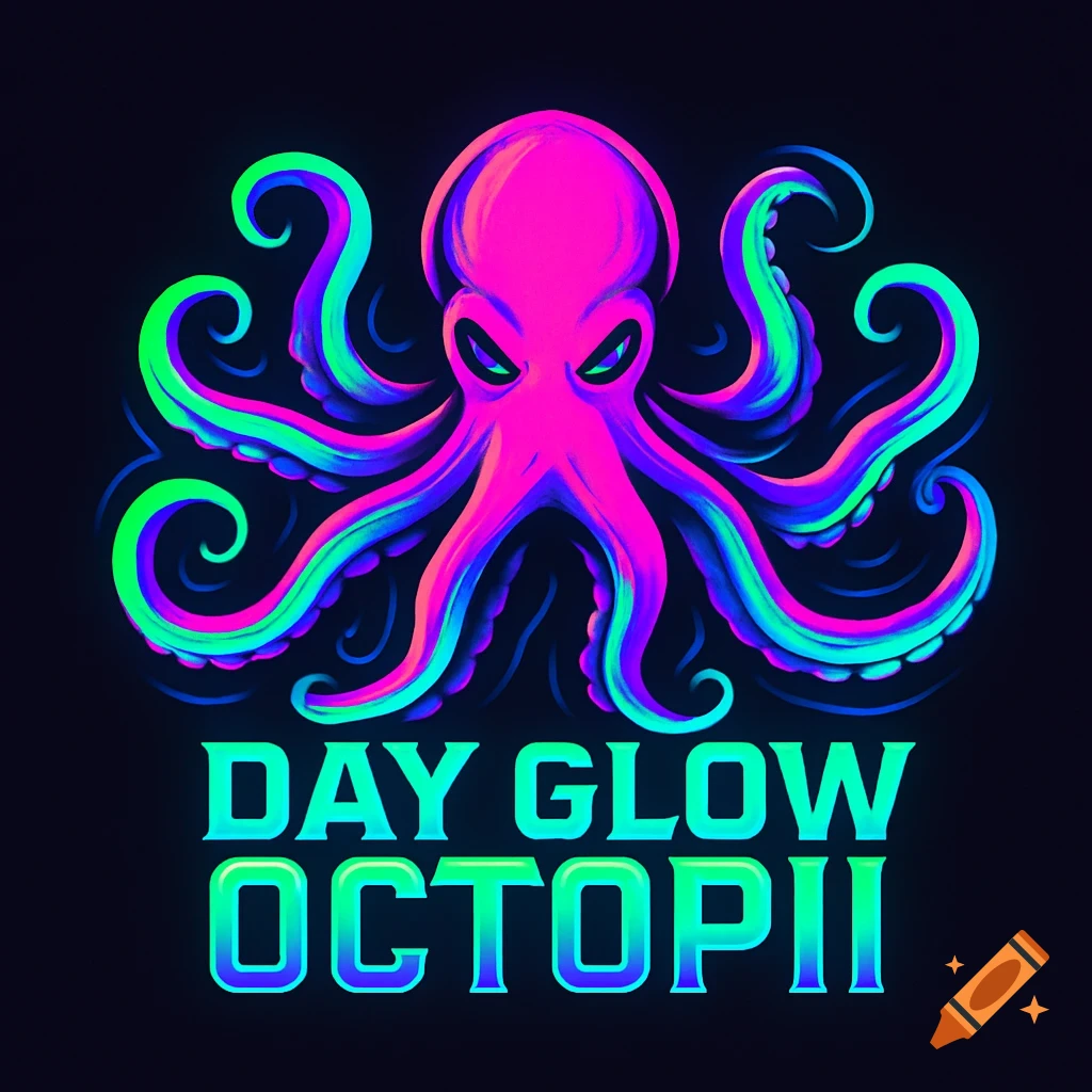 A vibrant logo featuring a fluorescent pink octopus with glowing green tentacles, above the text 'DAY GLOW OCTOPII' on a dark background.