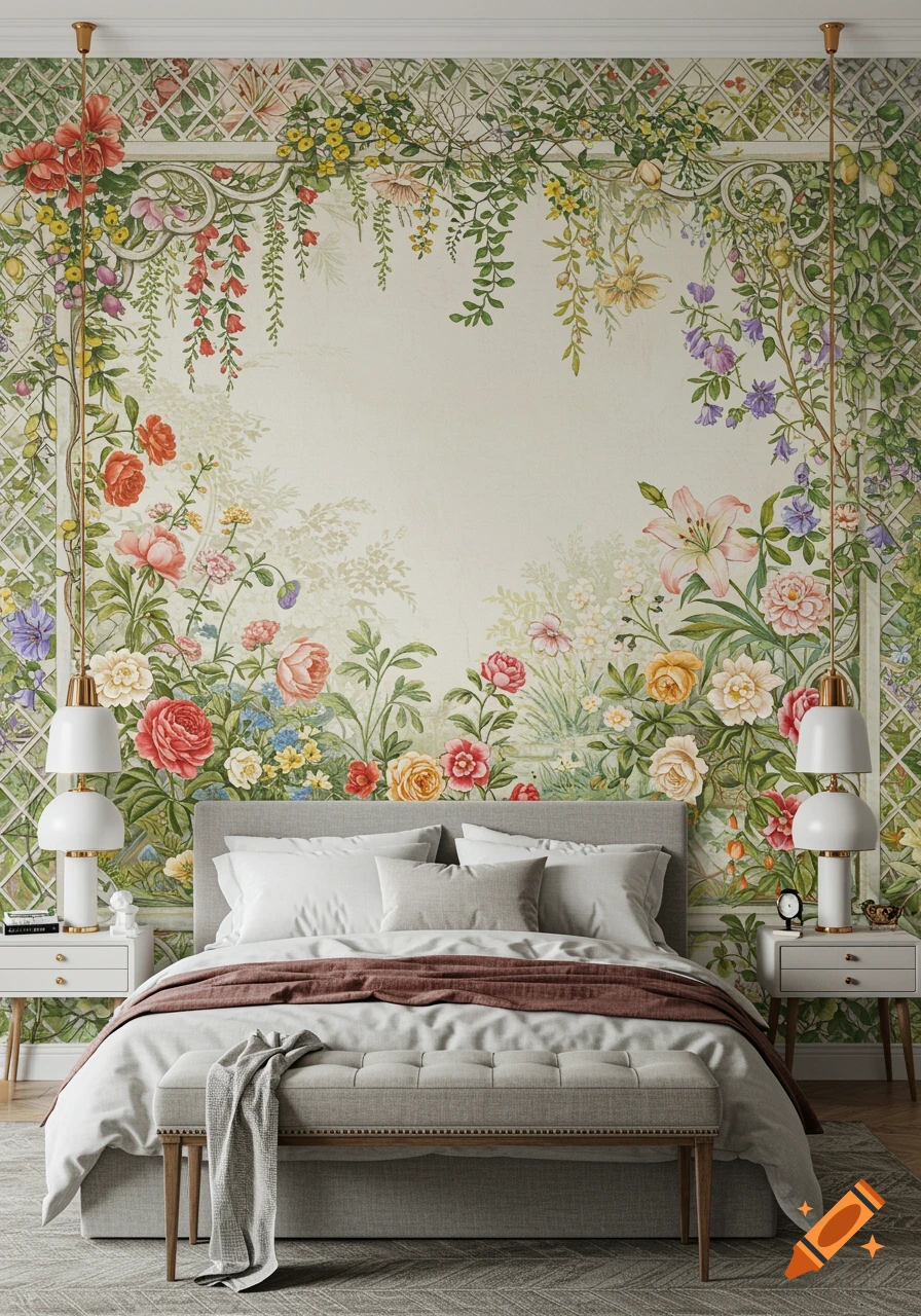 A bedroom with a large bed against a wall decorated with a beautiful, intricate floral and garden-themed wallpaper.