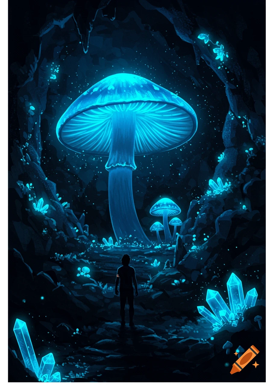 A lone figure walks through a dark, bioluminescent cave towards a giant glowing blue mushroom and crystals in an illustrated fantasy style.