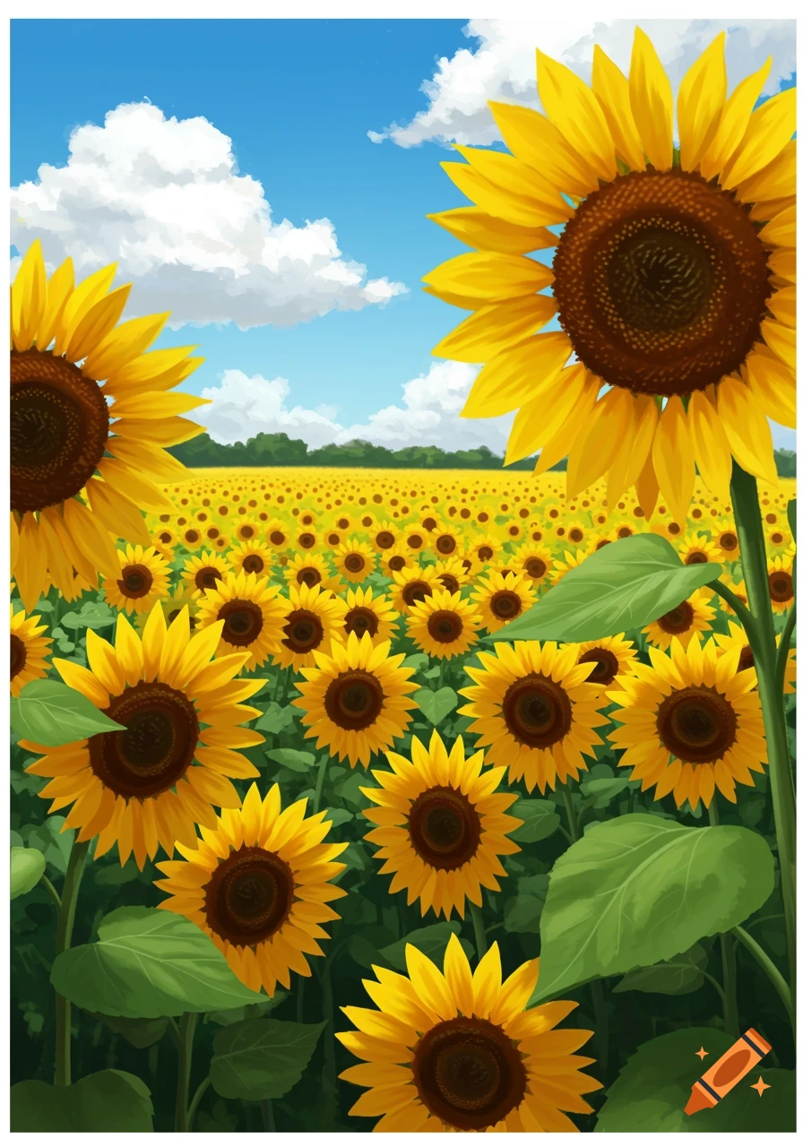 A vibrant field of yellow sunflowers under a clear blue sky with fluffy white clouds, in an illustrative style.