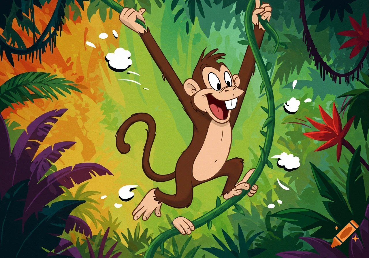 A happy cartoon monkey swings from a vine in a vibrant green and orange jungle, in a Looney Tunes style.