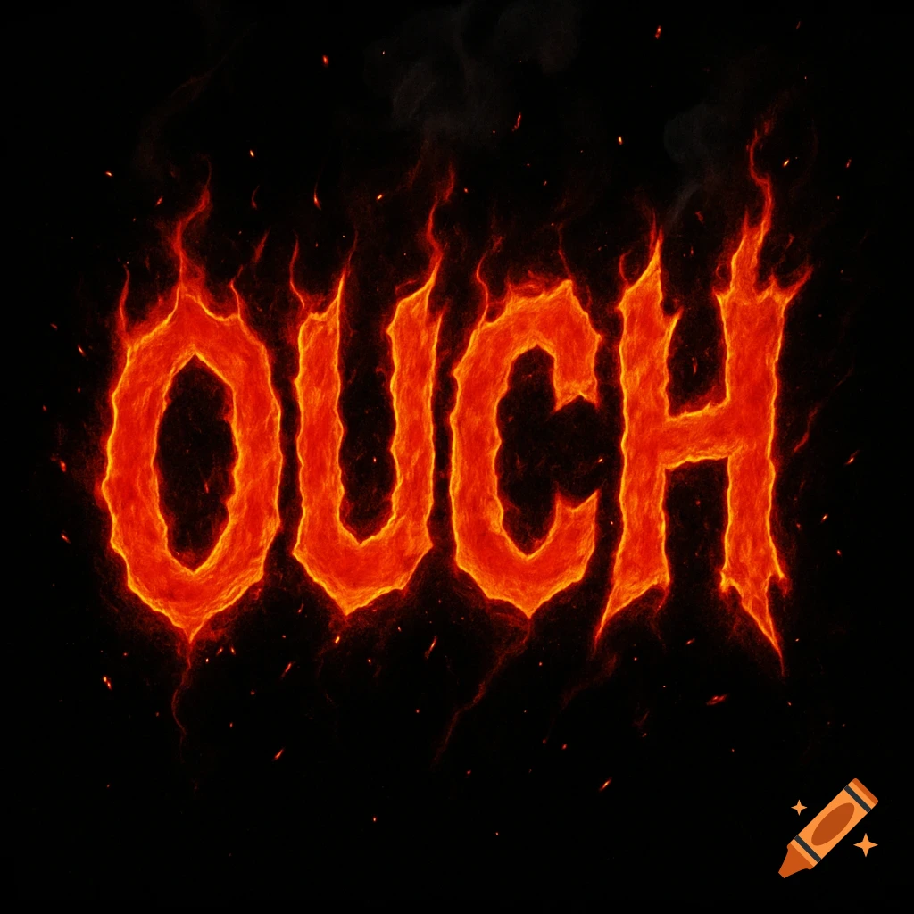 Fiery orange and red text spelling 'OUCH' against a black background.