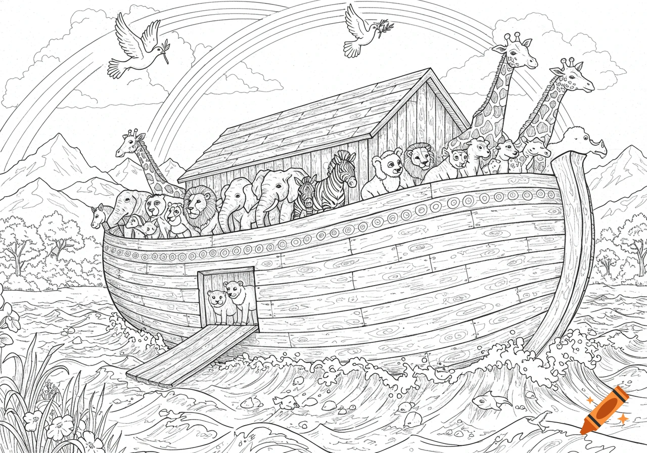 Black and white line art of Noah's Ark filled with animals on a wavy sea, with a rainbow and doves overhead, in a coloring book style.