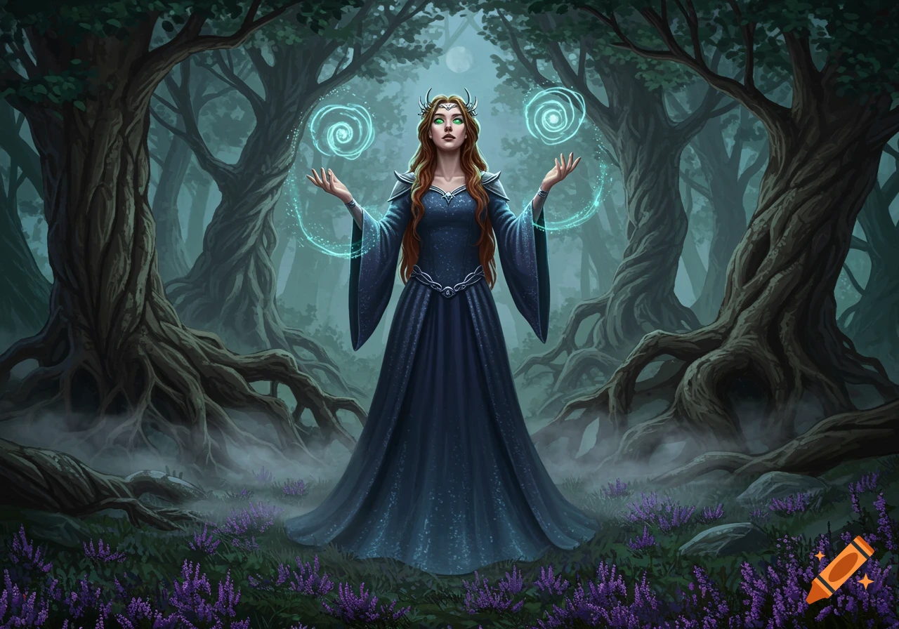 A long-haired woman in a blue gown stands in a dark forest, hands raised with glowing magical spirals.