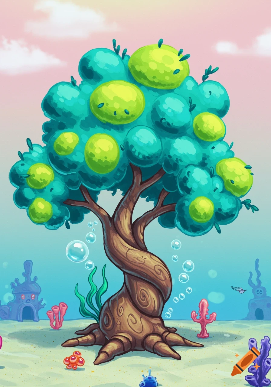 A colorful, cartoon-style tree with turquoise leaves and green fruit stands underwater, surrounded by bubbles and coral.
