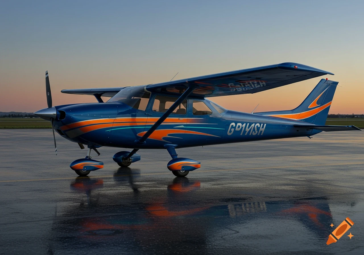 A photorealistic image of a blue and orange Cessna 150 propeller plane parked on wet tarmac at sunset.