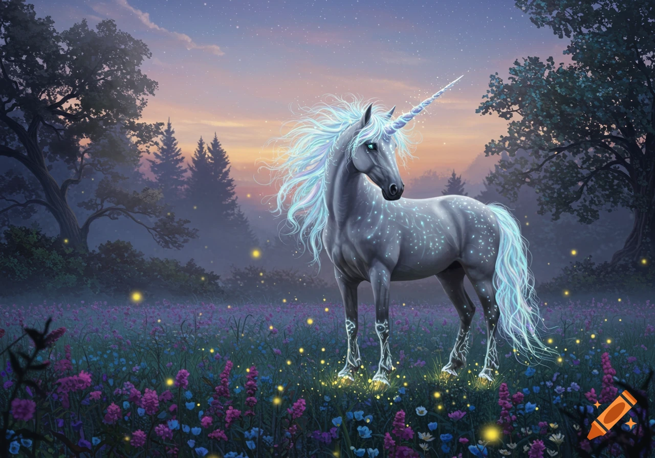 A majestic unicorn with a glowing horn and sparkling mane stands in a magical moonlit forest filled with colorful flowers and glowing fireflies.