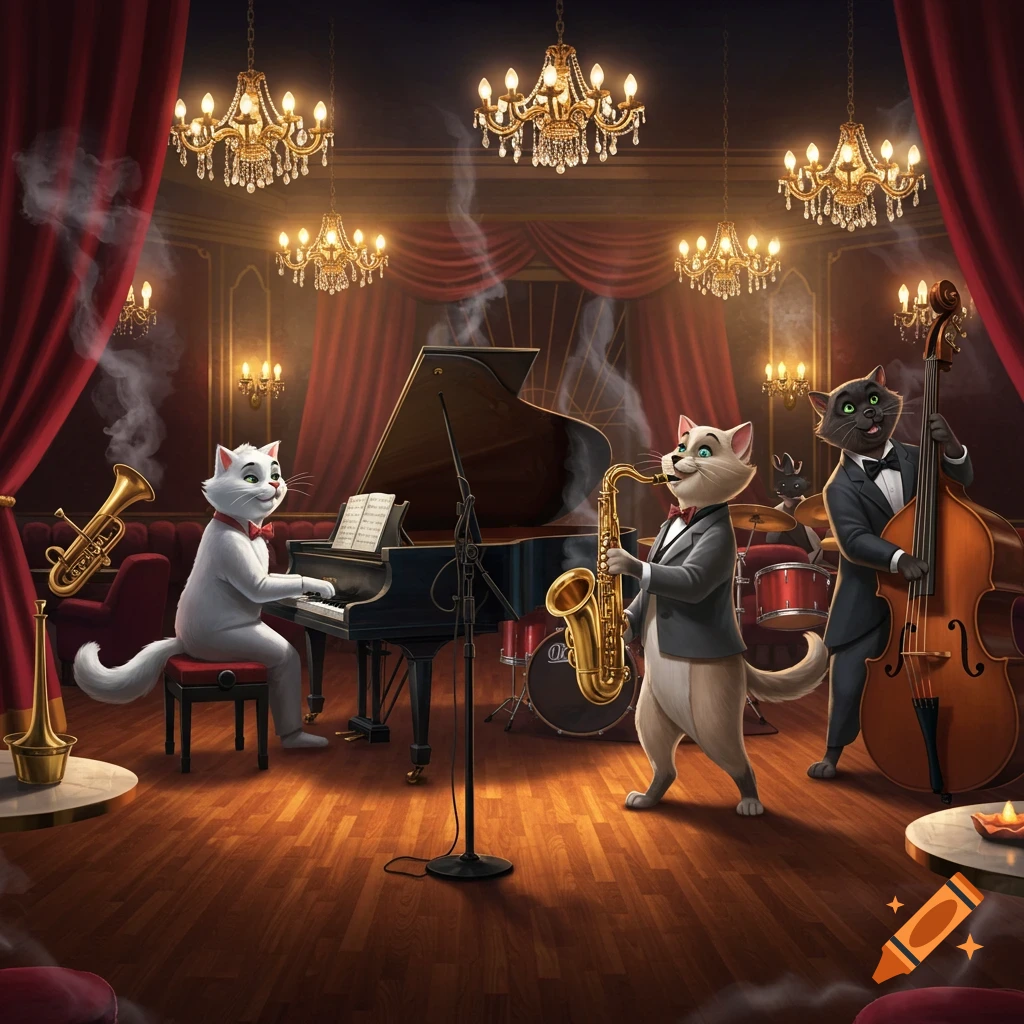 A cartoon cat band, resembling characters from The Aristocats, plays jazz music in a luxurious, chandelier-lit room.