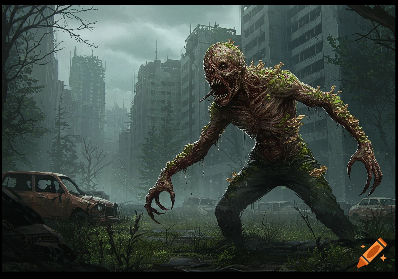A grotesque, fungus-covered humanoid creature, a 'clicker', stands in a foggy, overgrown, ruined city with dilapidated buildings and cars.