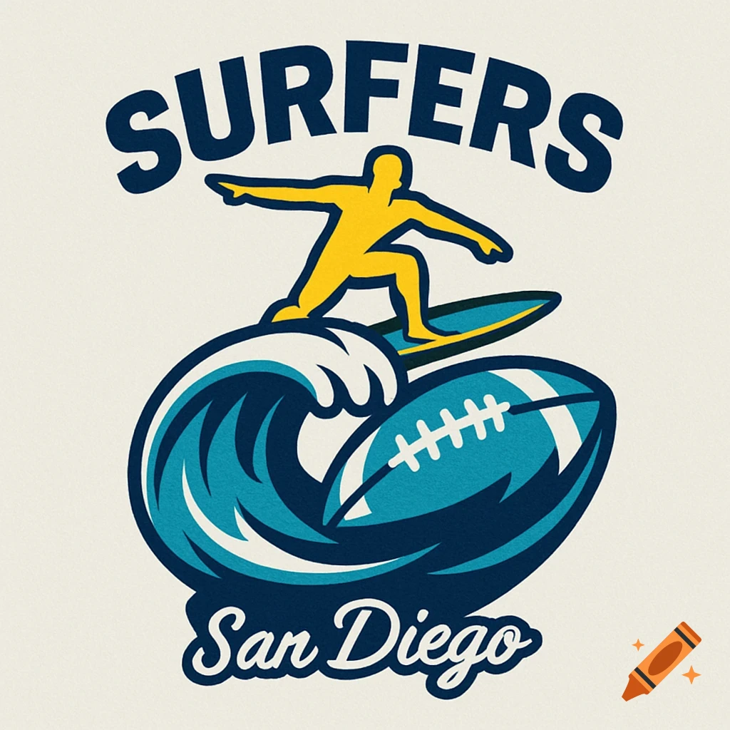 A team logo featuring a yellow silhouette of a surfer riding a blue wave that is shaped like a football, with "SURFERS" above and "San Diego" below.