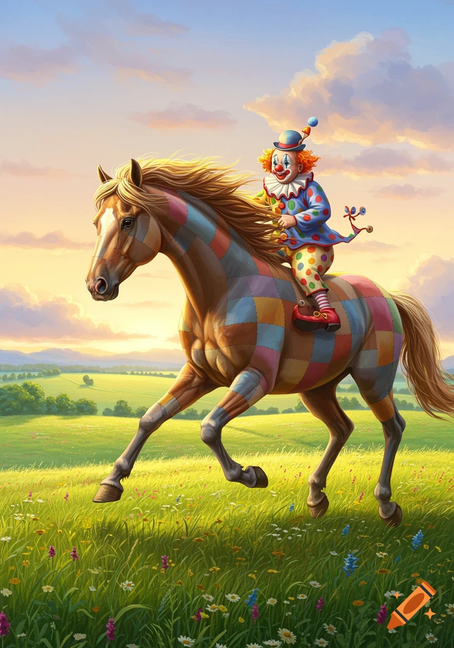 A whimsical clown in a polka dot costume rides a patchwork horse through a vibrant green field under a sunny sky.