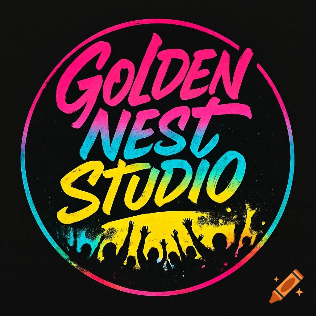 A vibrant, circular logo with 'GOLDEN NEST STUDIO' in neon colors above a silhouetted music crowd with raised hands, on a black background.