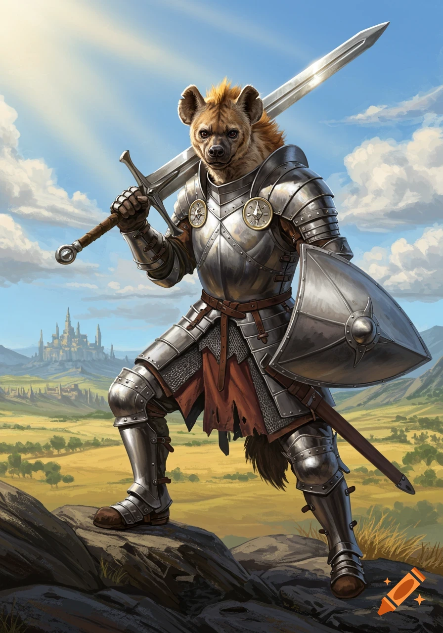 A hyena knight in full silver armor holds a sword and shield on a rocky outcrop, with a medieval castle in a grassy valley under a sunny sky.