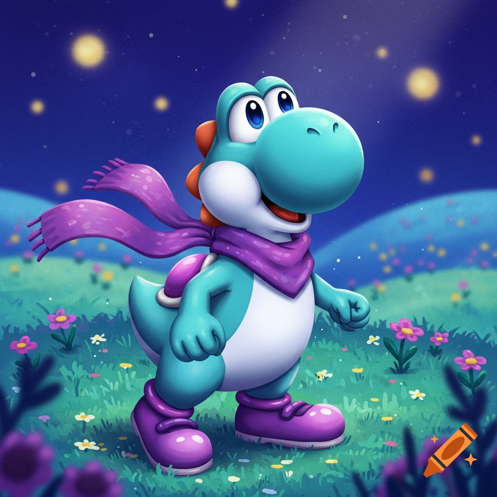 Cyan Yoshi wearing a purple scarf and purple shoes stands in a field of colorful flowers under a starry night sky, in a vibrant cartoon style.
