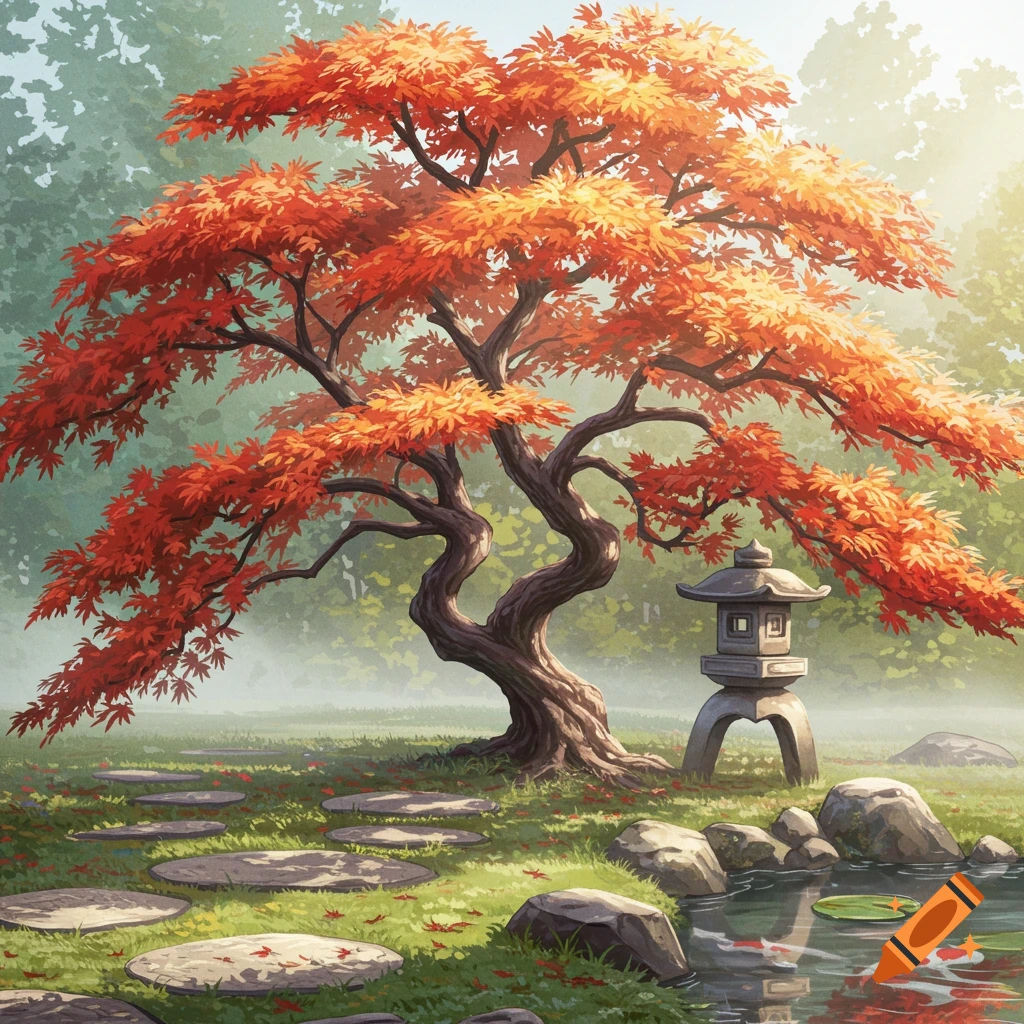 A vibrant Japanese maple tree with red and orange leaves in a serene garden with a stone lantern, stepping stones, and a koi pond.