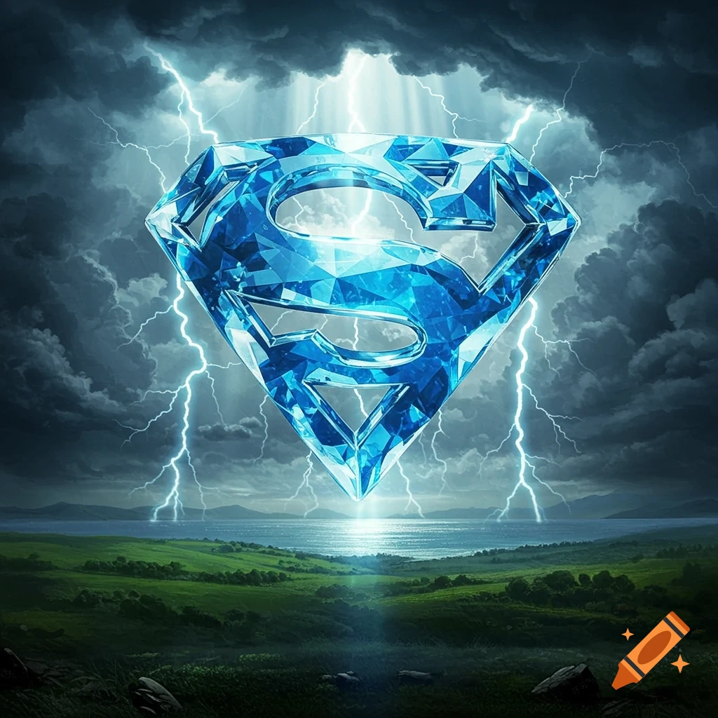 A large, faceted blue crystal Superman symbol hovers above a green landscape and body of water, under a dark, stormy sky with lightning.