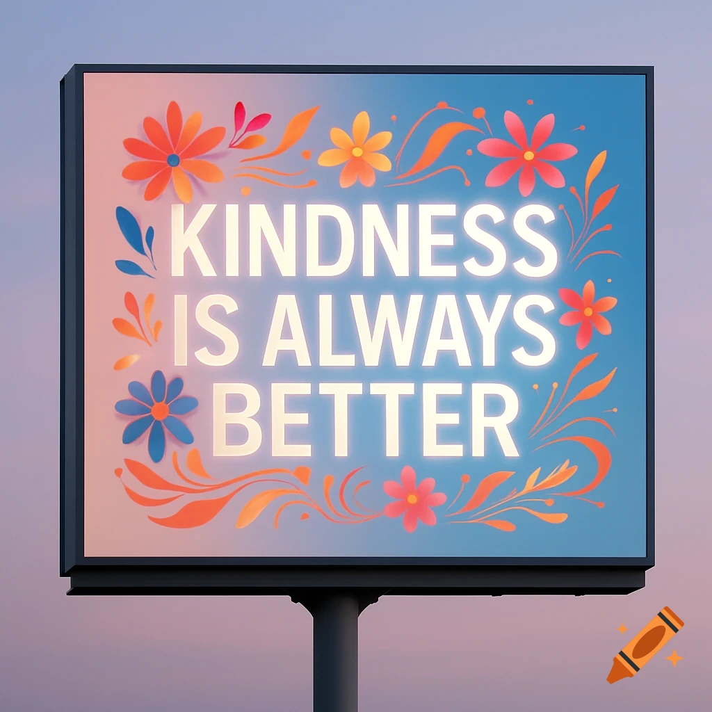 A billboard displays the glowing white text 'KINDNESS IS ALWAYS BETTER' amidst colorful floral and leafy designs, against a gradient sky.