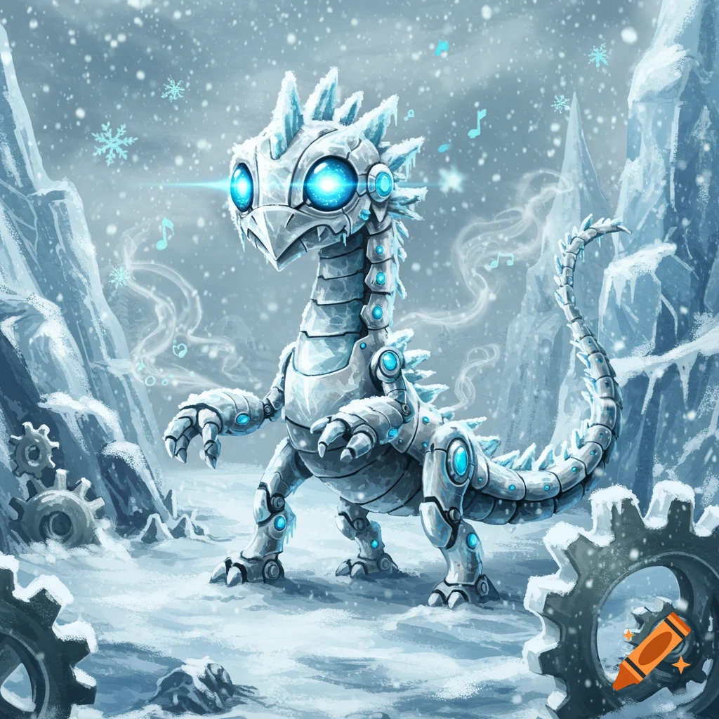 A cute, mechanical ice dragon with glowing blue eyes stands in a snowy, icy mountain landscape with gears in the foreground.