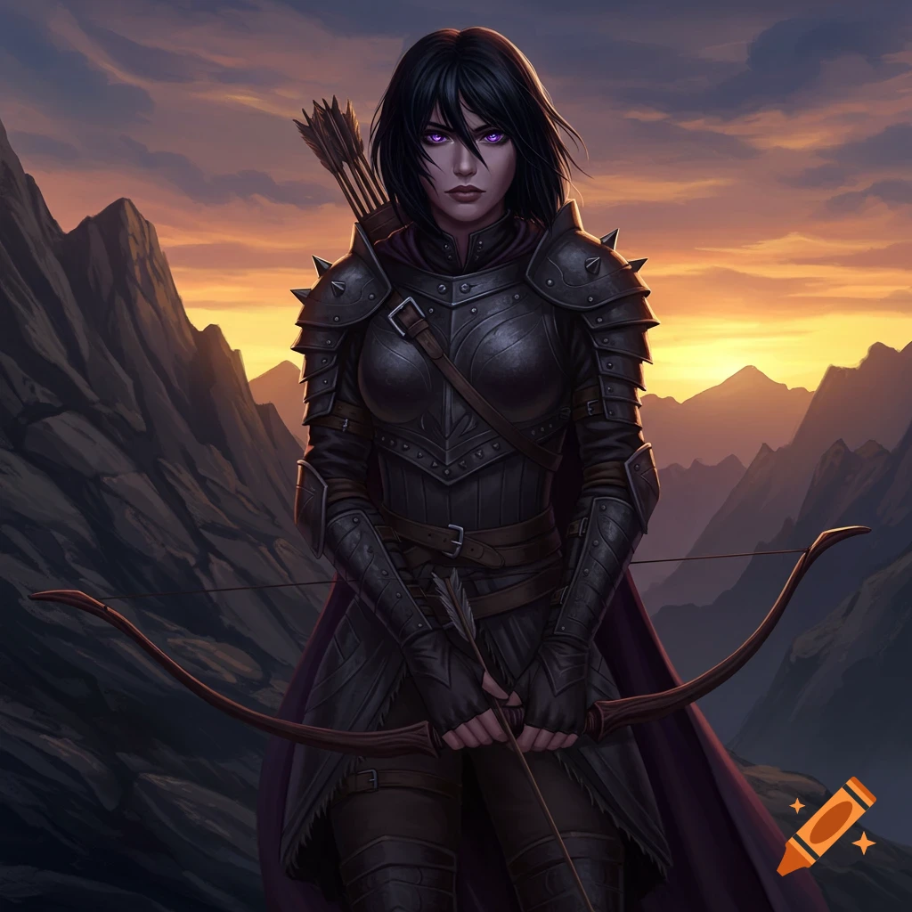 A dark-haired woman with purple eyes in studded armor holds a bow, with arrows on her back, against a sunset mountain landscape.