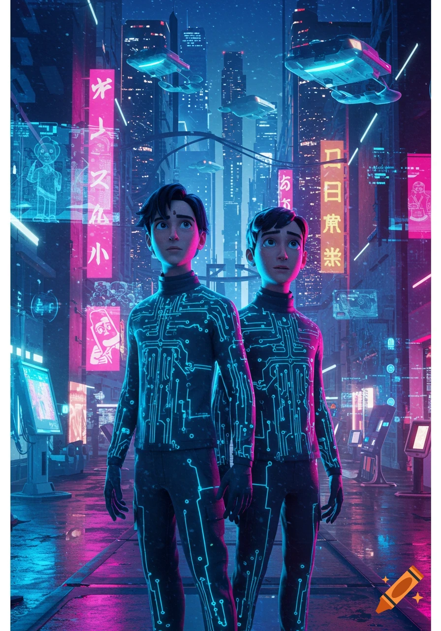 Two animated boys in circuit-patterned suits stand in a vibrant neon-lit cyberpunk city with flying vehicles.