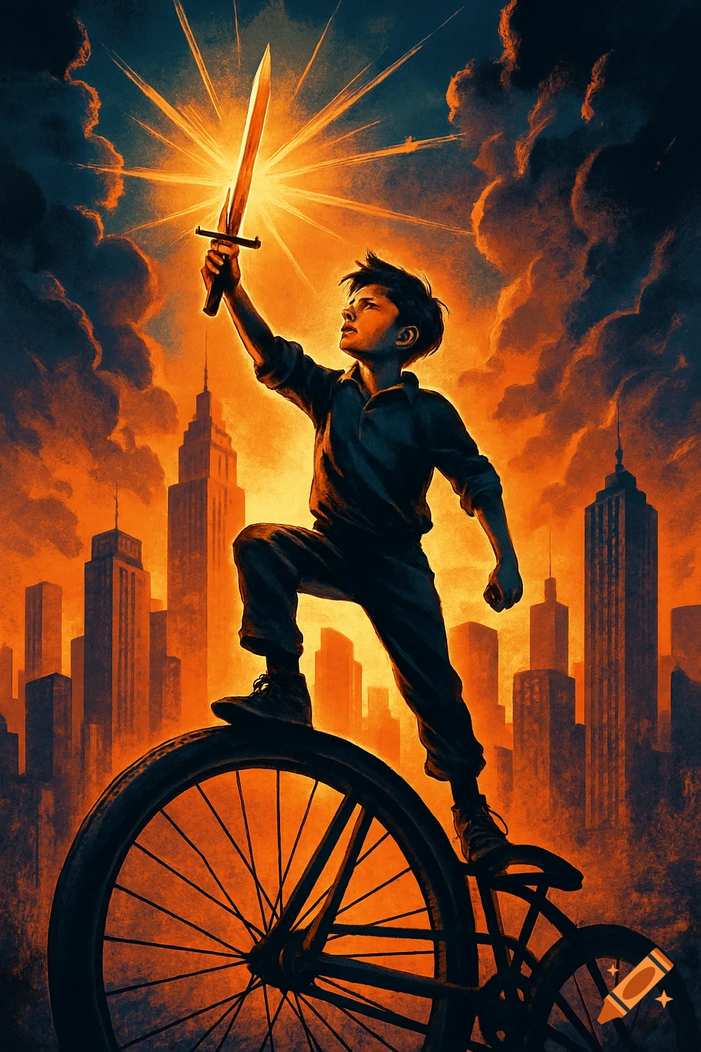 A young boy stands on a bicycle wheel, holding a glowing sword aloft against a dramatic orange city skyline in a movie poster style.
