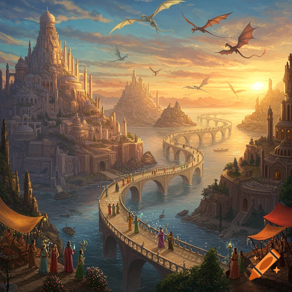 A vibrant fantasy landscape with a sprawling city on a hill, a winding bridge over a river, and dragons flying in a colorful sunset sky.